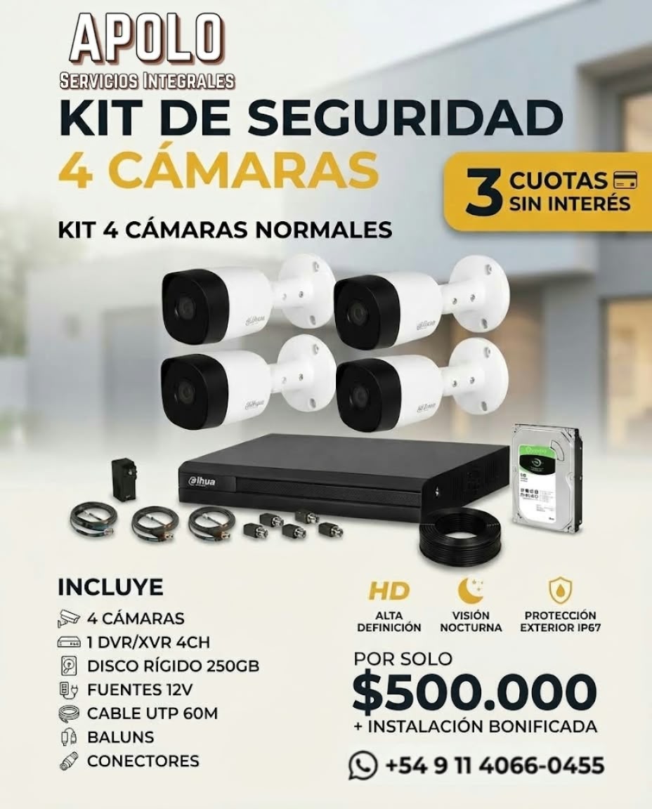 Kit Dahua de 4 cámaras de seguridad CCTV, precio 500.000 pesos