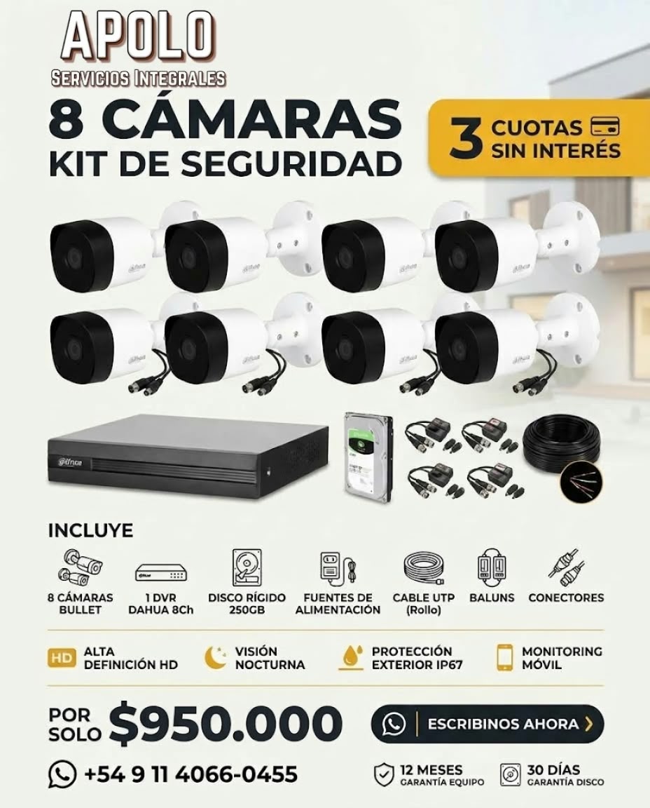 Kit Dahua de 8 cámaras de seguridad CCTV, precio 950.000 pesos