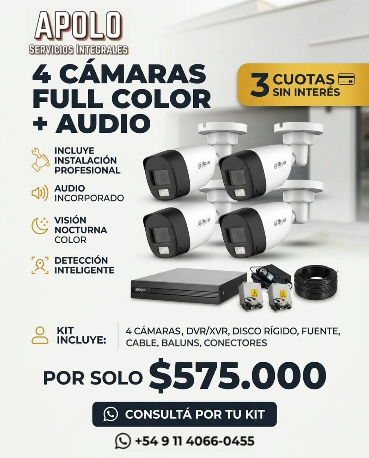 Kit Dahua de 4 cámaras Full Color con audio, precio 575.000 pesos